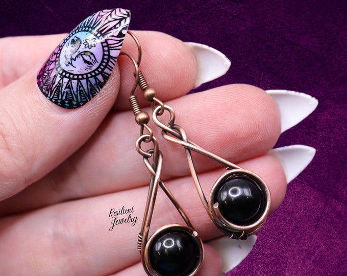 Black Onyx Earrings - Copper Wire Wrapped Onyx Earrings- Protective Black Onyx Jewelry- Black Crystal Gift- Statement Earrings for Everyday