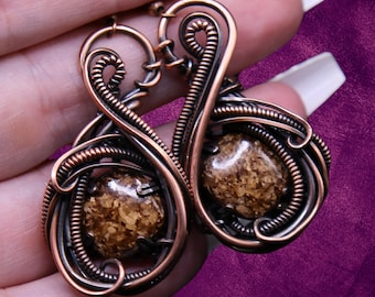 Bronzite Earrings: Copper Wire Wrapped, Intricate Design