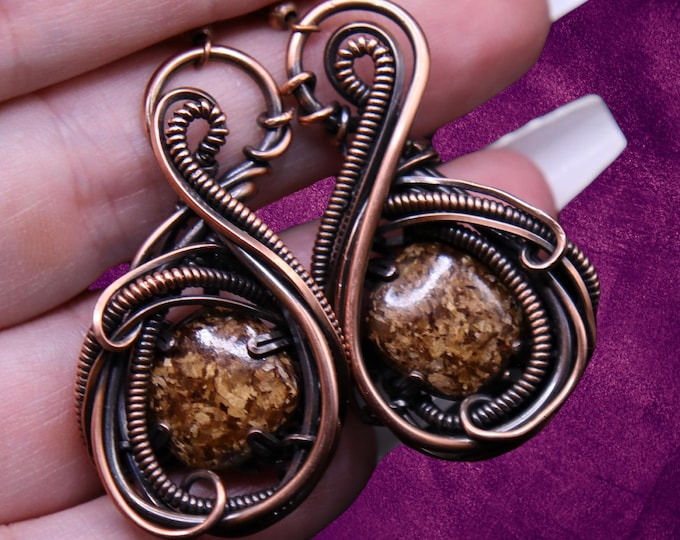 Bronzite Earrings: Copper Wire Wrapped, Intricate Design