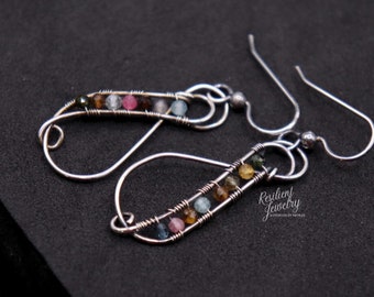 Multi Tourmaline Infinity Style Sterling Silver Earrings- Rainbow Colored Tourmaline Antique Sterling Silver Dangling Crystal Earrings