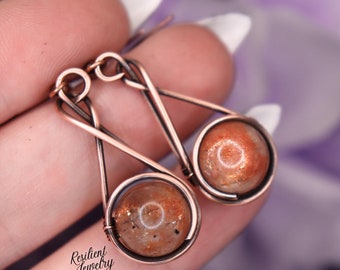 Statement Sunstone Antique Copper Wire Wrapped Earrings-  Orange Glittery Sunstone Drop and Dangle Earrings-