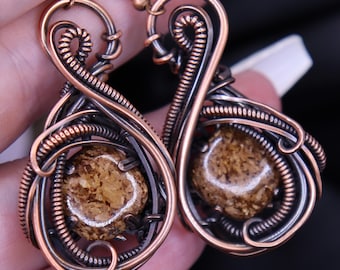 Beautiful Bronzite Wire Wrapped Earrings - Large Intricate Design Copper Earrings- Holiday Gift- One of a Kind Bronze Crystal Earrings