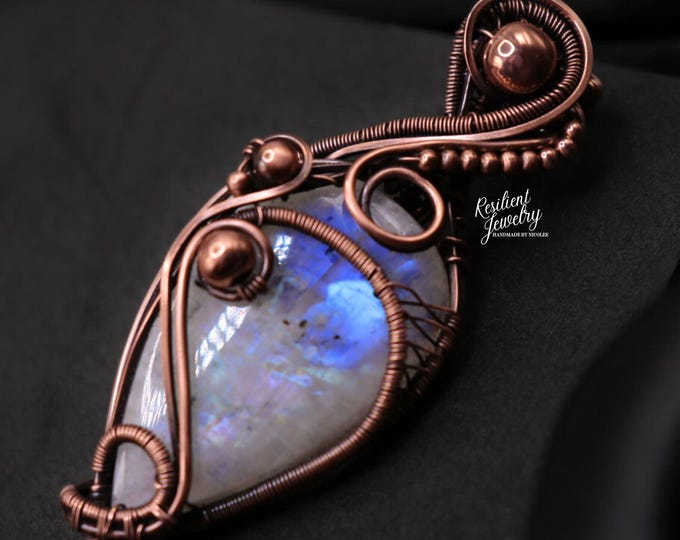 Rainbow Moonstone Copper Wire Wrapped Pendant with Blue and Purple Flash