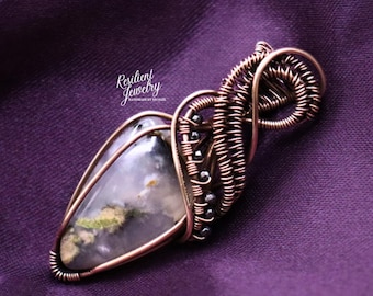 Dendritic Tiger Agate Pendant | Copper & Bronze Wire Wrapped Necklace | Hematite Accent Crystal Jewelry