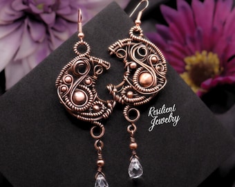 XL Celestial Crescent Moon Copper Earrings with Quartz Drops- Made to Order - Unique Moon Quartz Earrings