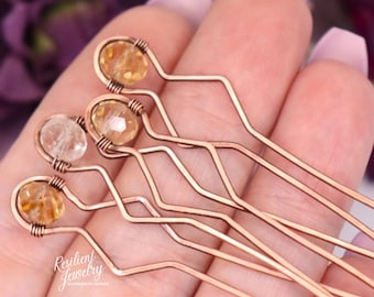 Citrine Copper Hair Pins - AAA High Quality Genuine Citrine Antique Copper Wire Wrapped Bun Pins for Everyday Wear and Formal Bridal Wear
