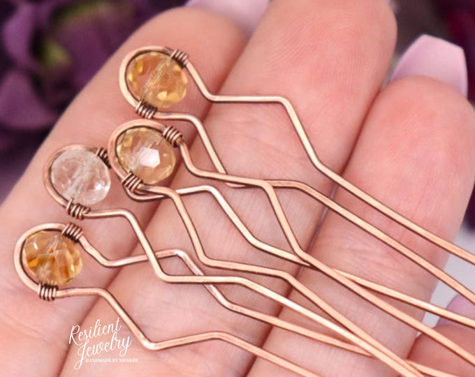 Citrine Copper Hair Pins - AAA High Quality Genuine Citrine Antique Copper Wire Wrapped Bun Pins for Everyday Wear and Formal Bridal Wear