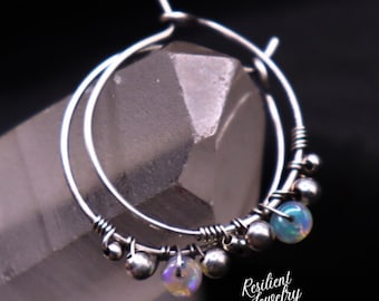 Opal Sterling Silver Hoop Earrings - 1 Inch - Handmade Gemstone Jewelry