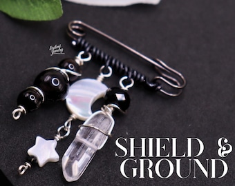 Crystal Charm Pin – Silver Obsidian, Tourmaline, Wire Wrapped Safety Pin