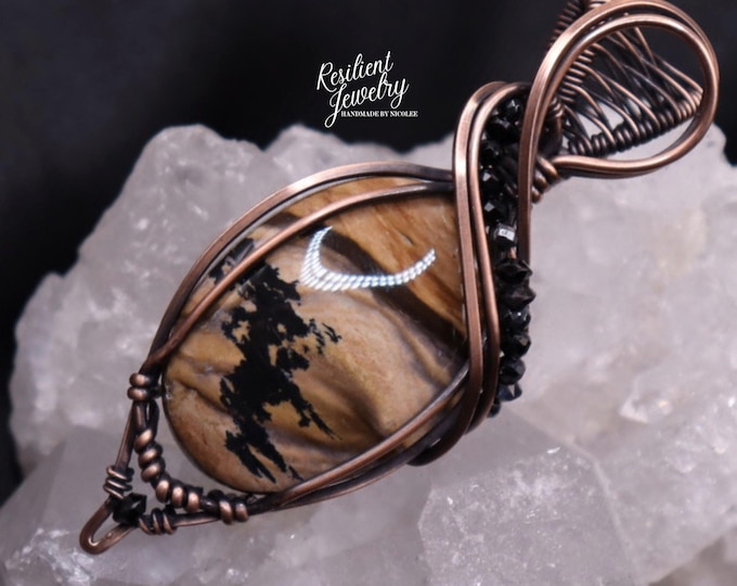Picture Jasper and Black Onyx Copper Wire Wrapped Pendant - Earth toned natural stone jewelry