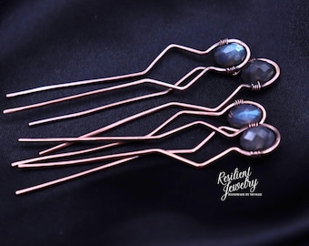 Labradorite Hair Pins -- Copper Wire Wrapped Crystal Bobby Pins