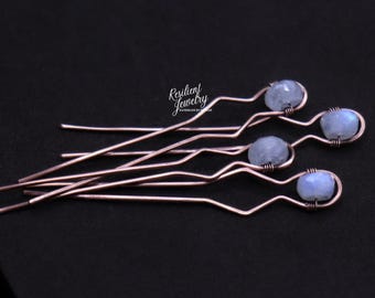 Rainbow Moonstone Hair Pins – Antique Copper Wire Wrapped Updo Accessories