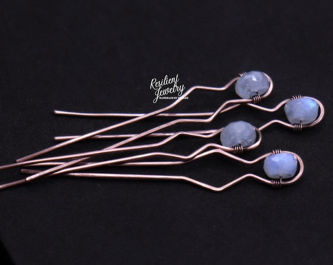 Rainbow Moonstone Hair Pins – Antique Copper Wire Wrapped Updo Accessories