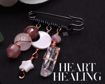 Chakra Heart Healing - Rose & Strawberry Quartz Pink Tourmaline Wire Wrapped Safety Pin Broach