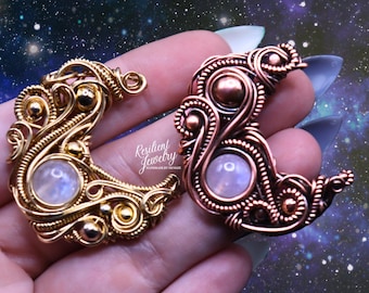 Moonstone Wire Wrapped Crescent Moon- Custom Made in  Copper or Gold