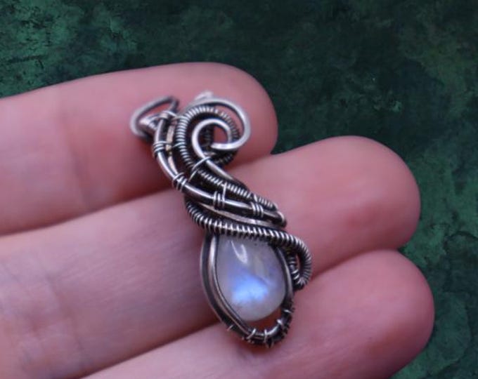 Sterling Silver Moonstone Filigree Style Wire Wrapped Pendant - Blue Moonstone Jewelry