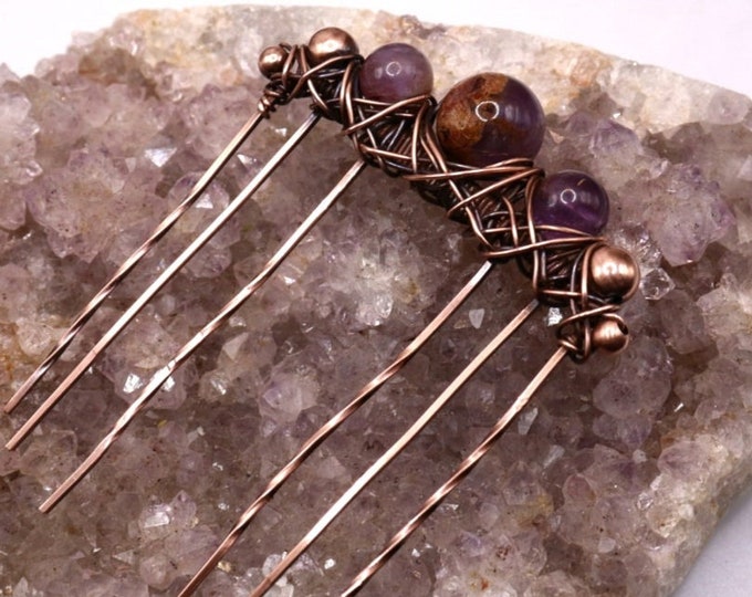Copper Hair Comb - Super 7 Crystal - Antique Copper Hair Accessories - Handmade Hairpiece with Metaphysical Benefits