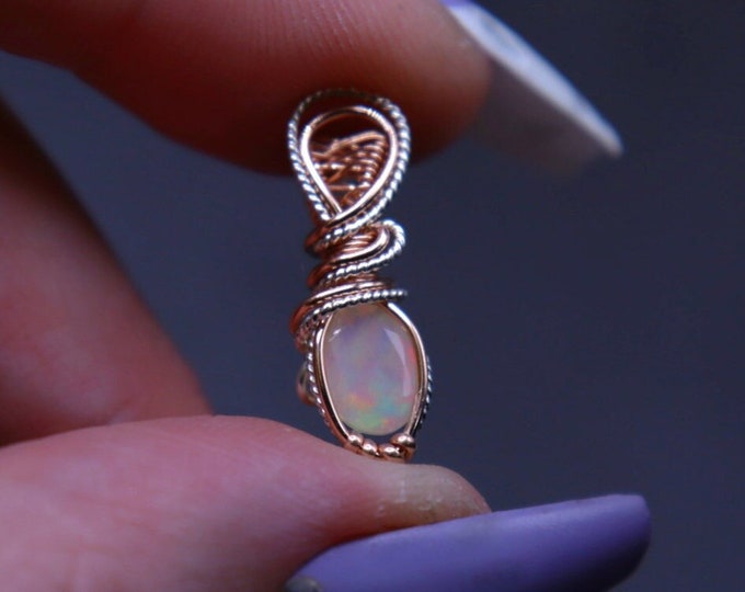 Valentines Opal Gift - Sterling Silver with 14k Rose Gold Filled - Opal Wire Wrapped Pendant for Her -Mini Pendant Necklace- Customize Chain