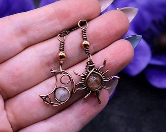 Sun & Moon Copper Earrings - Celestial Sunstone Sun Moonstone Moon Antique Copper Wire Wrapped Dangling Earrings -Beautiful Summer Jewelry
