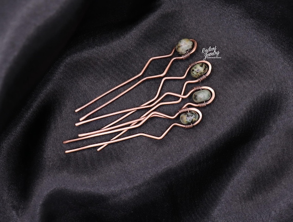 Copper African Turquoise Hair Pins: Beaded U-Pins, Boho Hair Jewelry