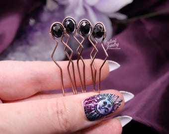Black Tourmaline Crystal Hair Pins- Antique Copper U Pins for Hair Styling and Updo for Casual or Formal Elegant Hair - Protection Crystals