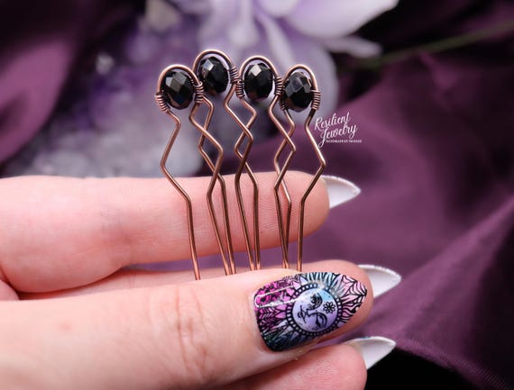 Black Tourmaline Crystal Hair Pins - Antique Copper Updo Styling