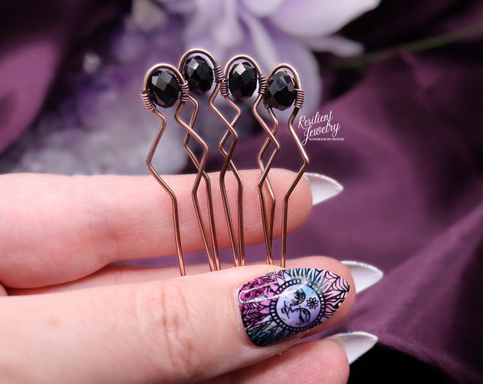Black Tourmaline Crystal Hair Pins- Antique Copper U Pins for Hair Styling and Updo for Casual or Formal Elegant Hair - Protection Crystals