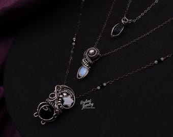 Black Onyx Cauldron, Moonstone and Herkimer Diamond Sterling Silver Wire Wrapped Pendants- Layered Necklace Set of 3