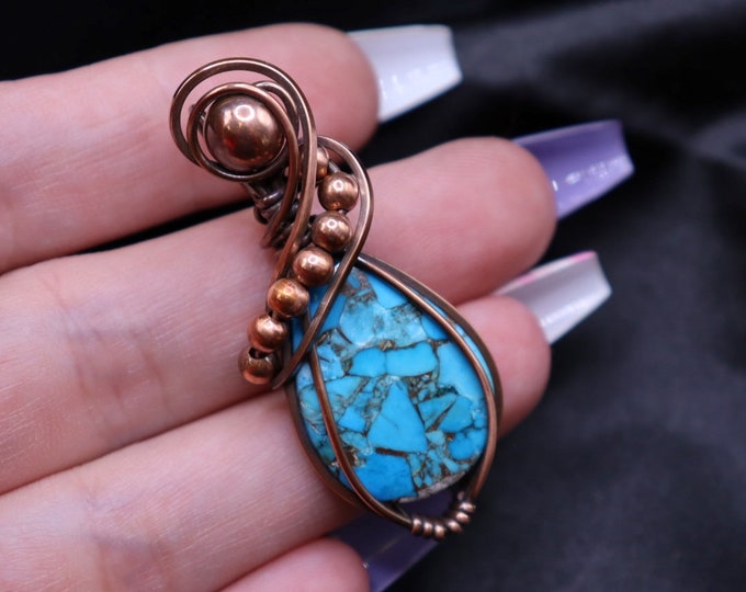 Mojave Turquoise Copper Pendant- Wire Wrapped Crystal Pendant- Chunky Beaded Copper Necklace