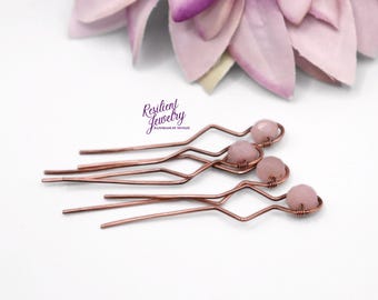Rose Quartz Copper Hair Pins- Light Pink Antique Copper Wire Wrapped Hair Sticks - Bun and Braid Styling Up Do for Casual or Formal Wear
