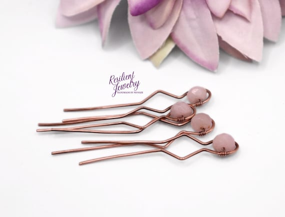 Rose Quartz Hair Pins: Antique Copper Wire Wrapped Crystal Hair Sticks