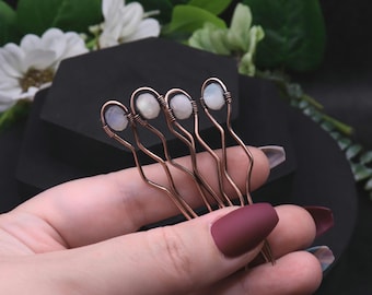 Moonstone Crystal Hair Pins - Antique Copper Updo Accessories - Hair Styling accents - Fairy Wedding Hair Pin Gems