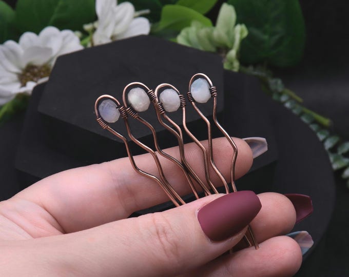 Moonstone Crystal Hair Pins - Antique Copper Updo Accessories - Hair Styling accents - Fairy Wedding Hair Pin Gems