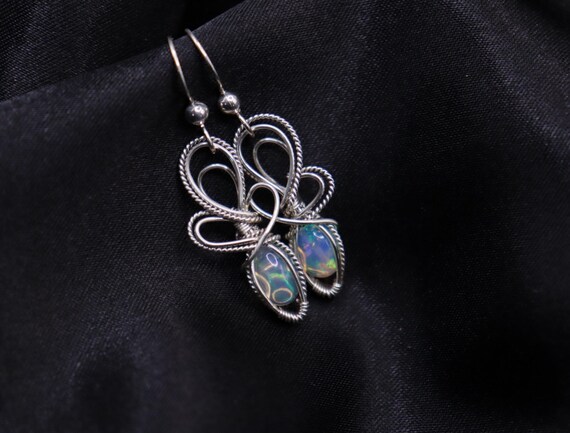 Handmade Sterling Silver Wire Wrapped Opal Earrings – Dainty Magical Jewelry