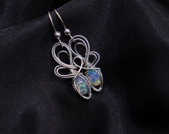 Bright Sterling Silver Wire Wrapped Opal Earrings - Dainty Opal Earrings - Made to Order Earrings - Beautiful Earring Gift