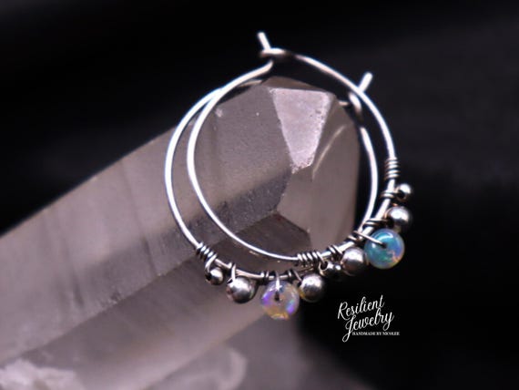 Opal Sterling Silver Hoop Earrings - 1 Inch - Handmade Gemstone Jewelry