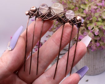Copper Hair Comb - Rutilated Quartz Crystal - Antique Copper Hair Accessories - Handmade Hairpiece