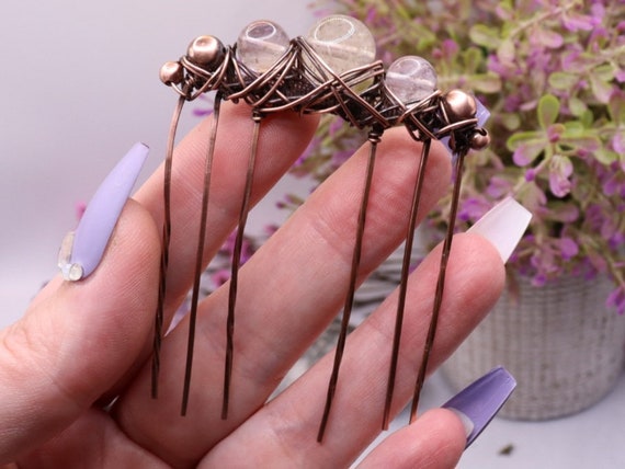 Rutilated Quartz Copper Hair Comb - Antique Handmade Hairpiece