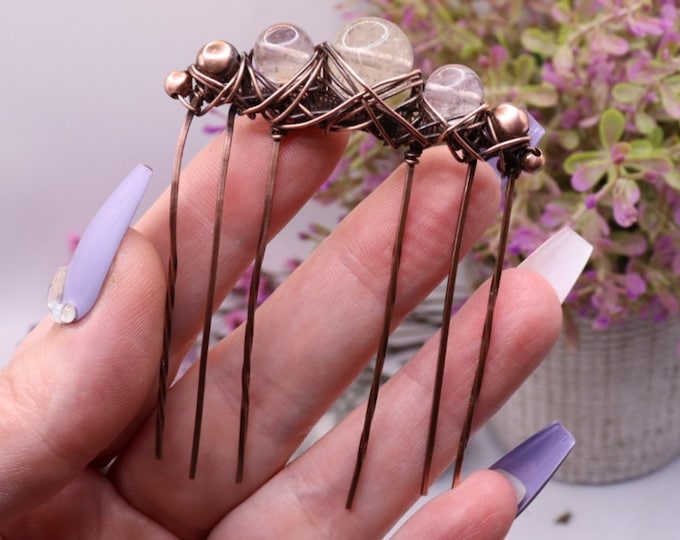 Copper Hair Comb - Rutilated Quartz Crystal - Antique Copper Hair Accessories - Handmade Hairpiece