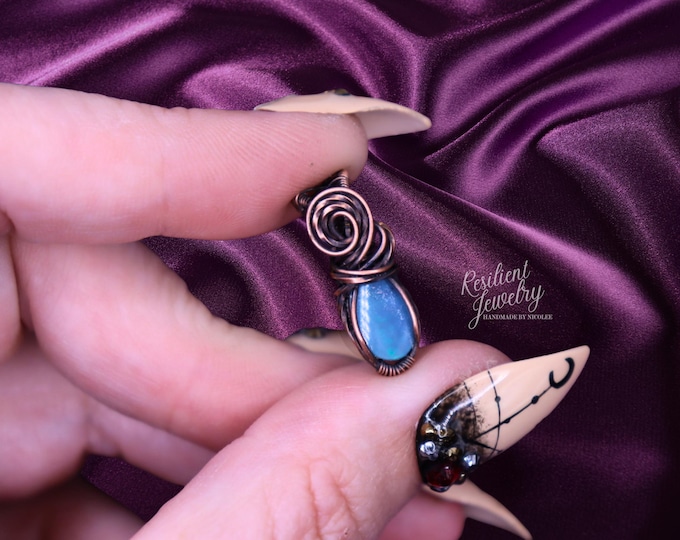 Opal Necklace - Light Blue Opal Doublet Copper Wire Wrapped Mini Pendant