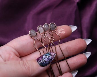 Cloudy Gray Quartz Copper Hair Pins- U Hair Pin- Mini Hair Forks for Updo - Gray Quartz Crystal Hair Jewelry - Antique Copper Wire Wrap Gift