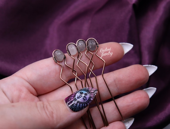 Gray Quartz Hair Pins - Copper Wire Wrapped Crystal Updo Jewelry
