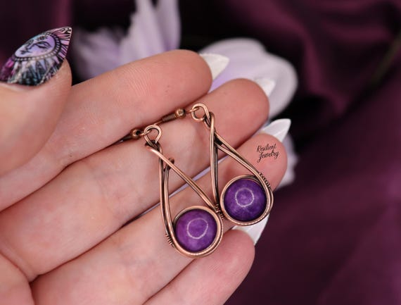Sugilite Copper Earrings – Wire Wrapped Purple Crystal Jewelry