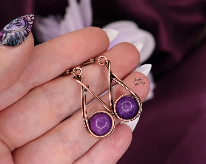 Sugilite Earrings- Sugilite Copper Wire Wrapped Earrings- Bright Purple Crystal Gift for Her - Unique Crystal Jewelry