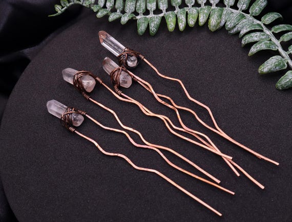 Handcrafted Quartz Point Copper Hair Pins - Crystal Hair Accessories, Set of 4