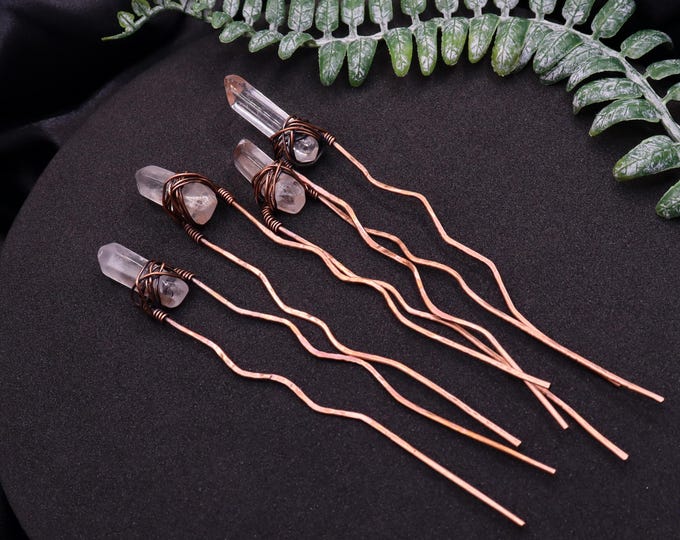 Handcrafted Quartz Point Copper Hair Pins - Clear Quartz or Garden Quartz Crystal Hair Accessories for Elegant Hairstyles - Set of 4