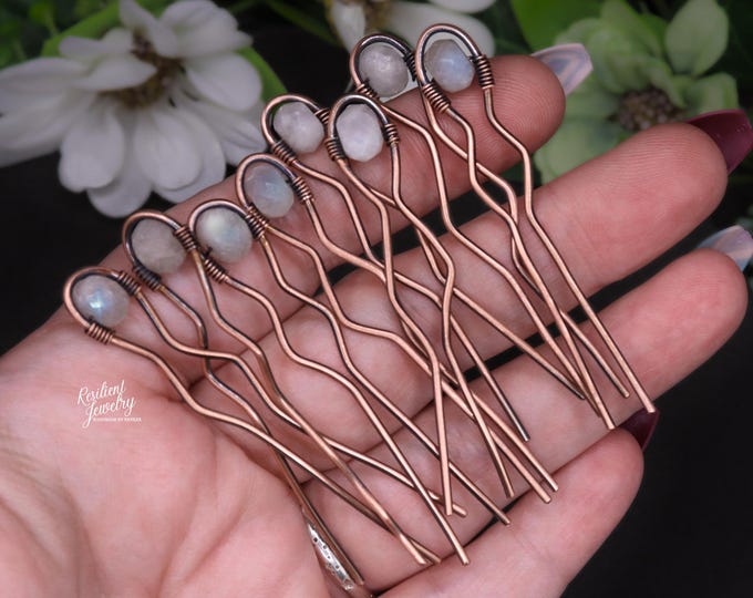 Moonstone Crystal Hair Pins - Antique Copper Updo Accessories -