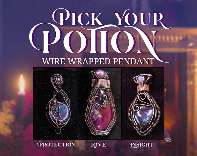 Spell Bottle Pendant Collection –Protection, Love, and Insight Copper Potion Necklaces - Labradorite, Moonstone, Ruby, Palm Root
