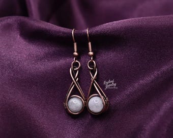 White Moonstone Copper Wire Wrapped Teardrop Earrings- Earthy Crystal Earrings - Infinity Gift of Jewelry