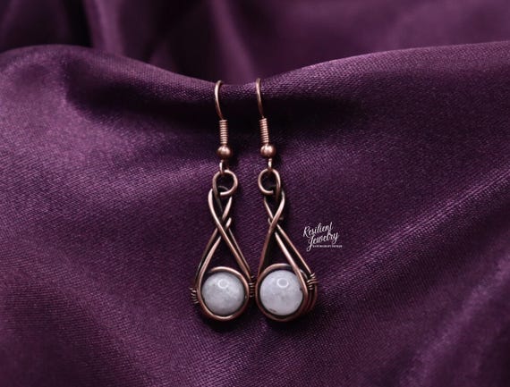 White Moonstone Copper Wire Wrapped Teardrop Earrings- Earthy Crystal Earrings - Infinity Gift of Jewelry